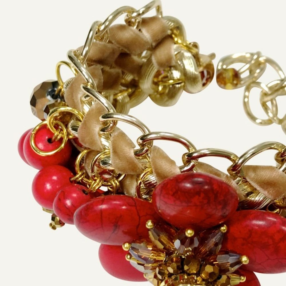 Handmade Red Bracelet Flower Stone Clusters Beads - Picture 5 of 6